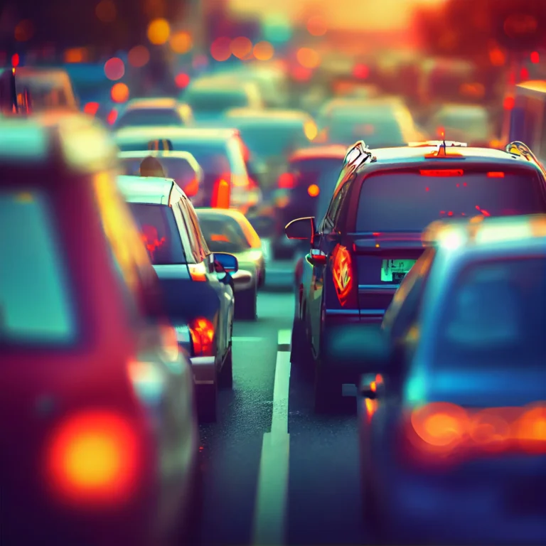 Heavy traffic jam on a city street during sunset, with multiple cars closely packed in both lanes.