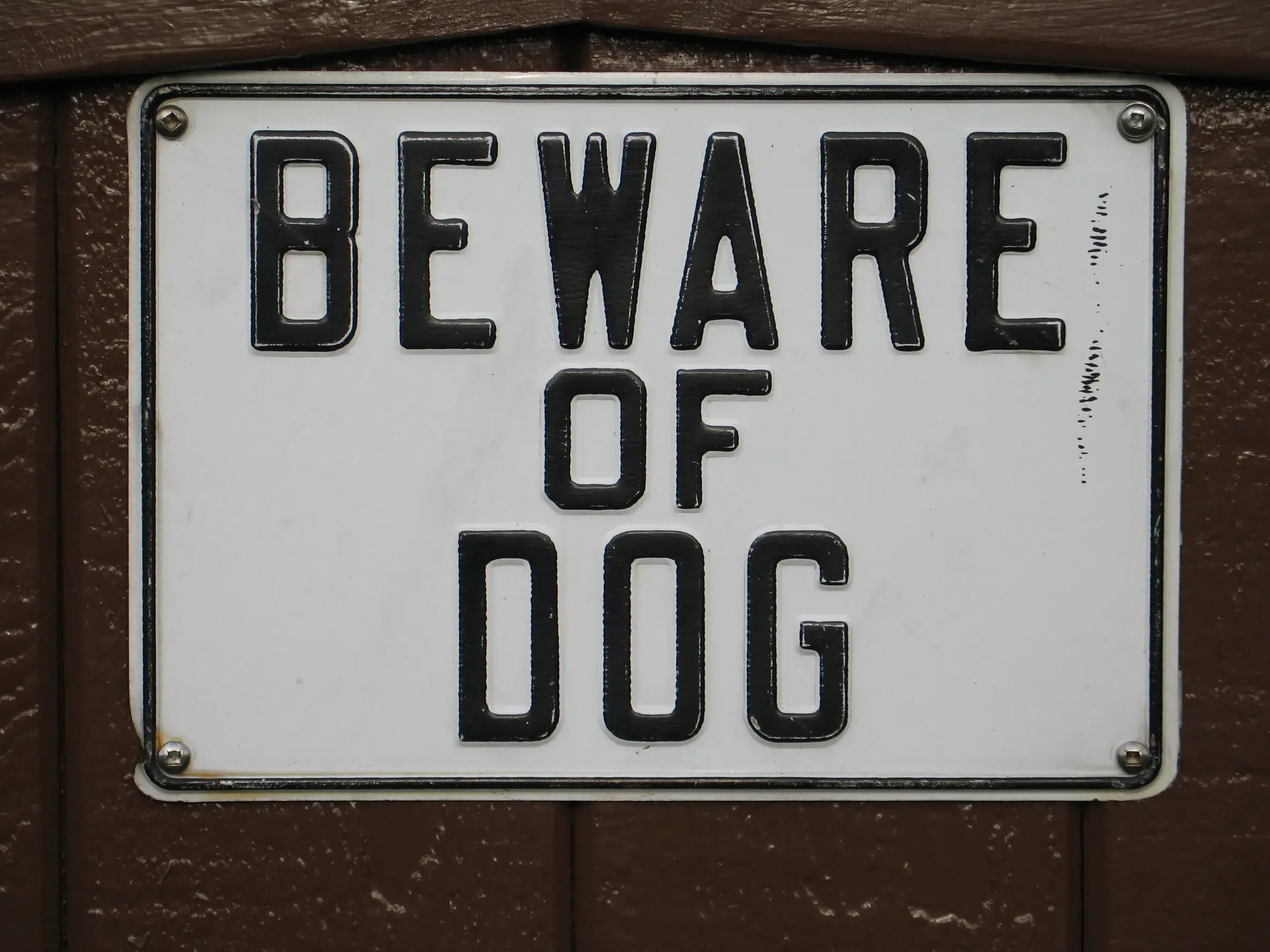 A white metal sign with bold black letters reads BEWARE OF DOG, mounted on a brown wooden surface.