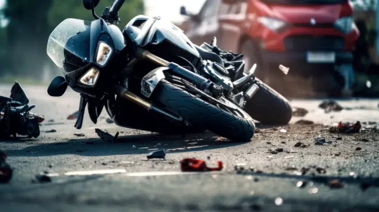 A black motorcycle lies on its side on a road amidst debris, with a red car and more scattered debris visible in the background.